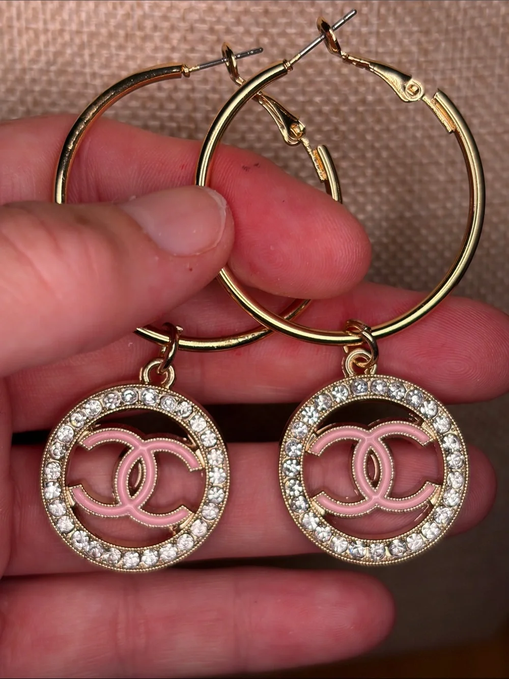 CC Gold Tone Hoop Earrings with Pink Emblem and Crystal Accents